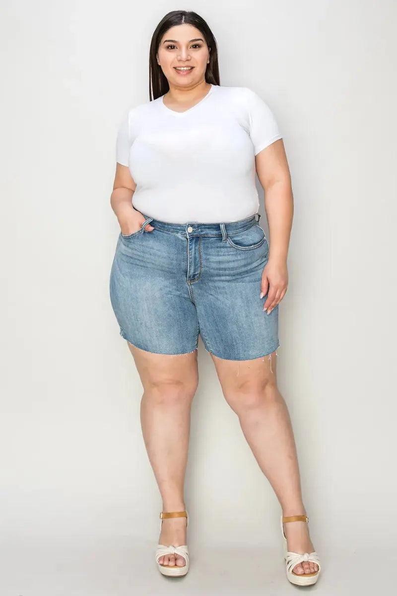 Judy Blue Full Size High Waist Raw Hem Denim Shorts for Summer - Love Salve